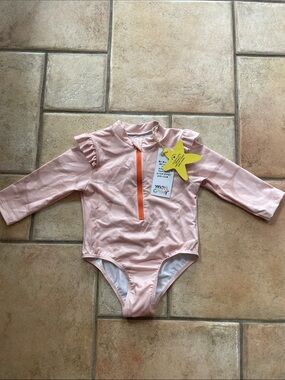 Girls' Long Sleeve Pink Swim Rashguard One-Piece with Orange Zip